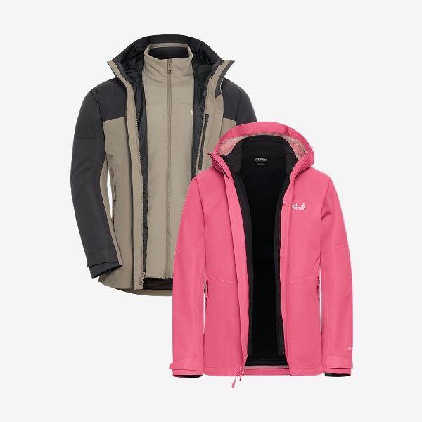 Die Wild Places 3in1 Jkt für Männer in Taupe und Schwarz und für Frauen in leuchtendem Pink, beide mit Kapuze und Reißverschluss.