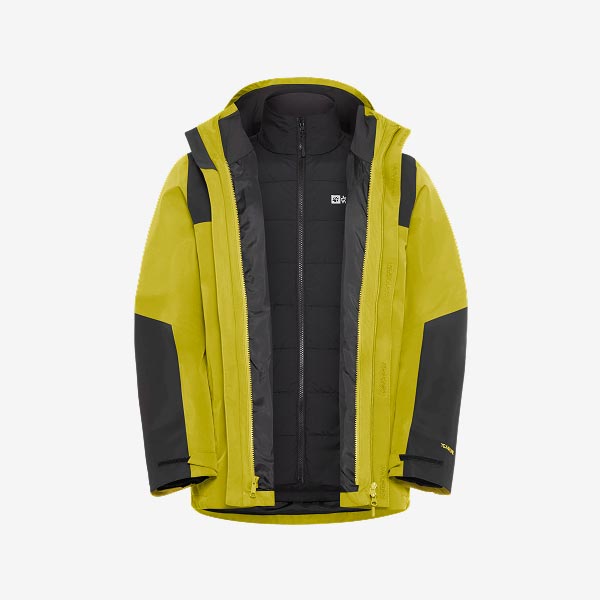 Gelbe 3in1-Jacke von Jasper für Herren mit Kapuze und kontrastierenden schwarzen Patches an Schultern und Ärmeln.